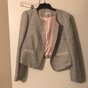 Cropped striped tweed open blazer